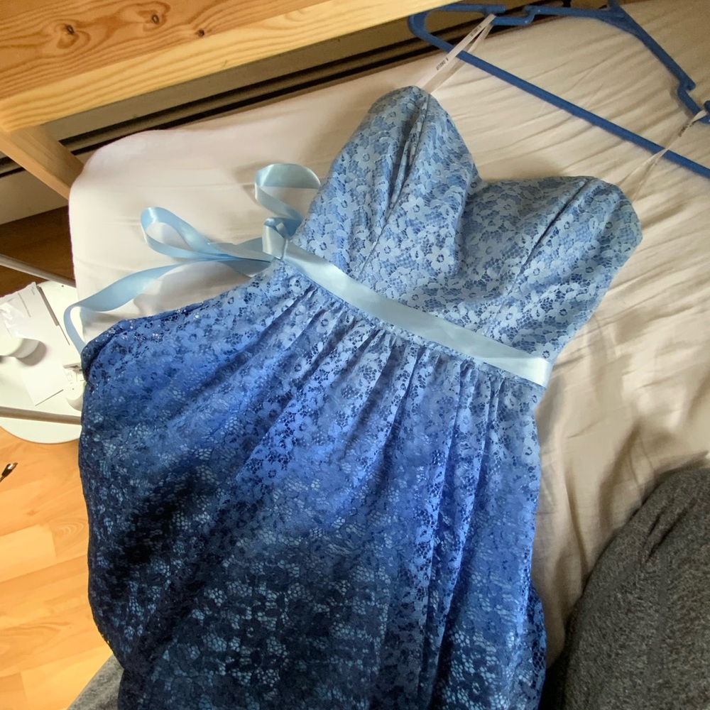 Gradient baby blue dark blue strapless lace dress, high quality